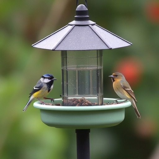 Birds perched on wooden feeding platform