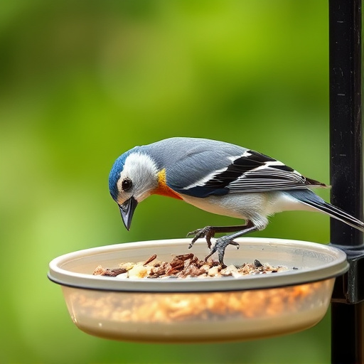Blackbird feeding on mealworms in dish