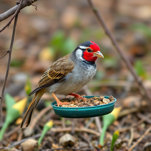 Blue tit clinging to mealworm-filled dish