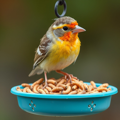 Blue tit clinging to mealworm-filled dish