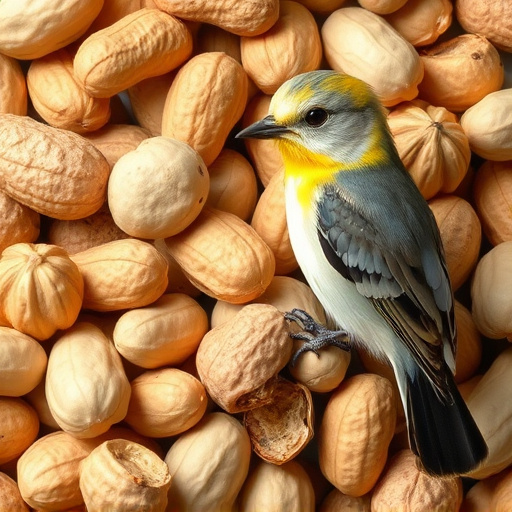 Blue tit feeding on hanging peanut feeder