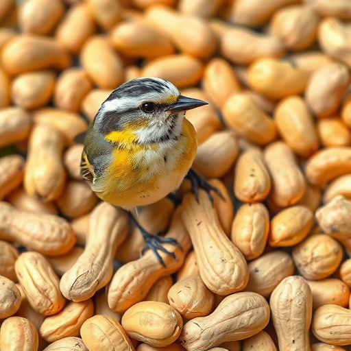 Blue tit feeding on hanging peanut feeder
