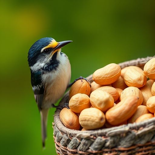 Blue tit feeding on hanging peanut feeder