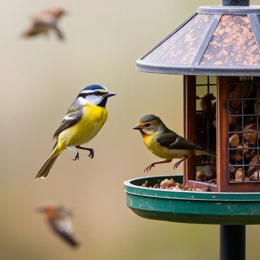 Blue tit feeding on hanging peanut feeder