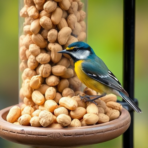 Blue tit feeding on hanging peanut feeder