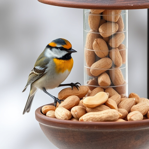 Blue tit holding peanut piece