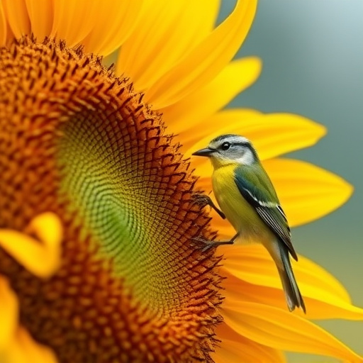 Blue tit holding sunflower heart in beak