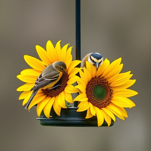 Blue tit holding sunflower heart in beak