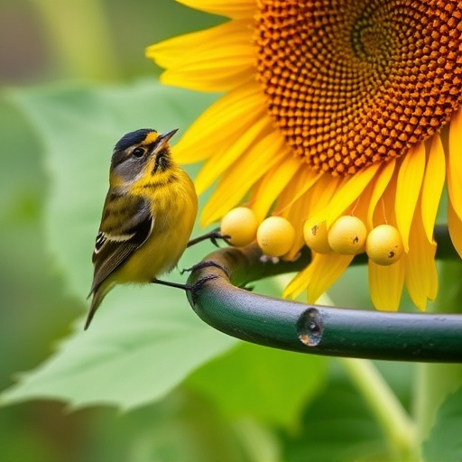Blue tit holding sunflower heart in beak