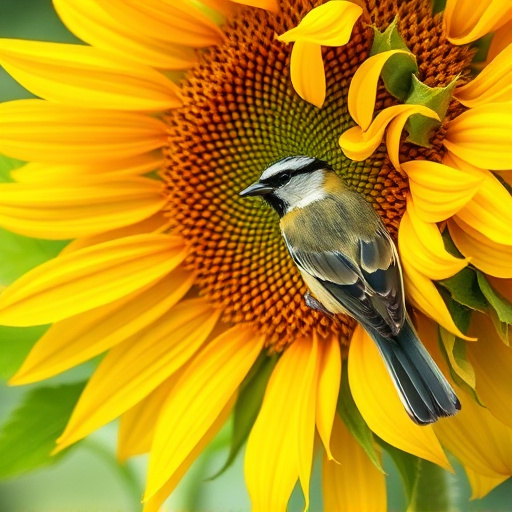 Blue tit holding sunflower heart in beak