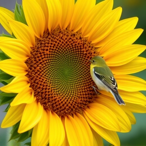 Blue tit holding sunflower heart in beak