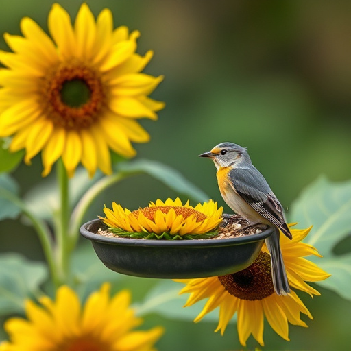 Blue tit holding sunflower heart in beak