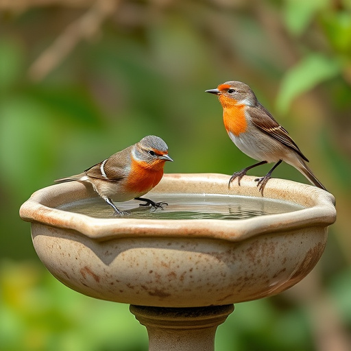 Blue tits bathing in shallow ceramic bowl