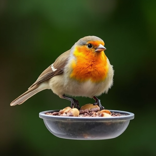 Bright garden scene with feeding birds