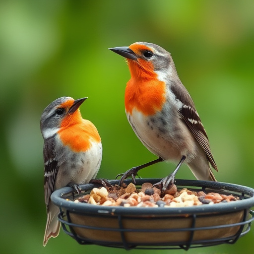 Bright garden scene with feeding birds