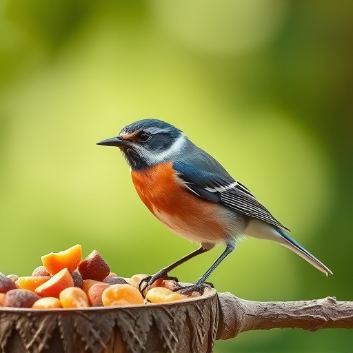 Bright garden scene with feeding birds