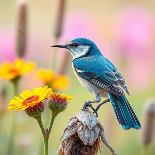 Bright garden scene with feeding birds
