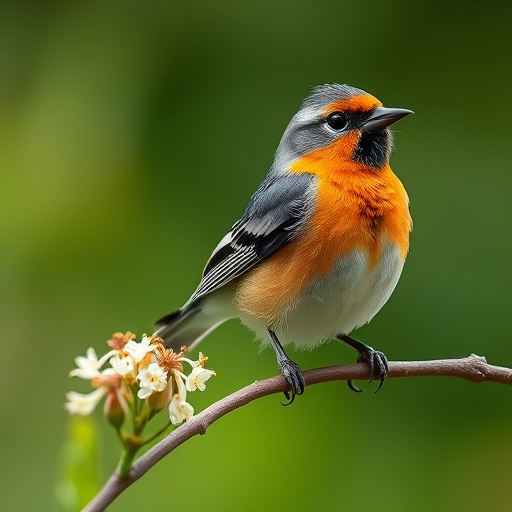 Bright garden scene with feeding birds
