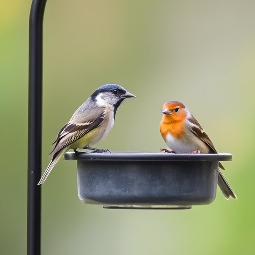 Bright garden scene with feeding birds