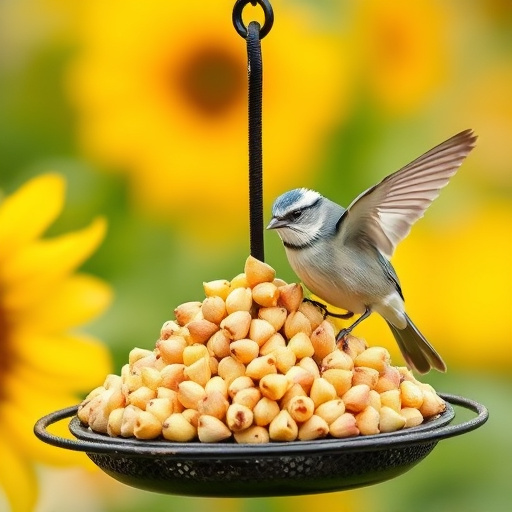 Clean sunflower hearts in metal mesh feeder
