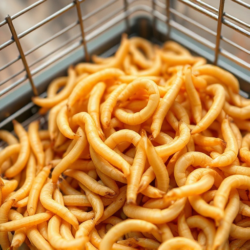 Close-up of mealworms in wire cage