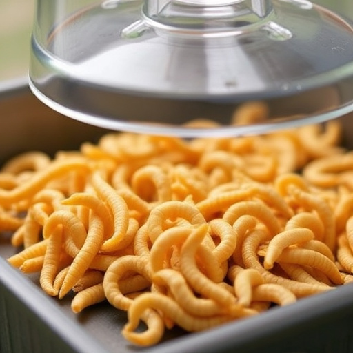 Close-up of mealworms in wire cage