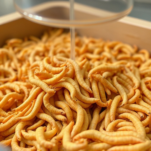 Close-up of mealworms in wire cage