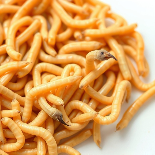 Close-up of mealworms in wire cage