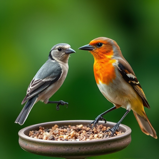 Colorful birds on hanging feeders