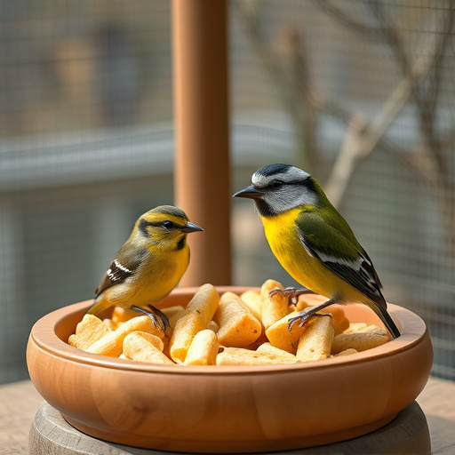 Colourful bird food mix in wooden bowl