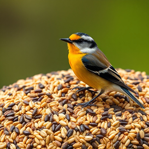 Colourful bird food mix in wooden bowl