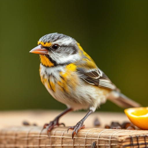 Colourful bird food mix in wooden bowl