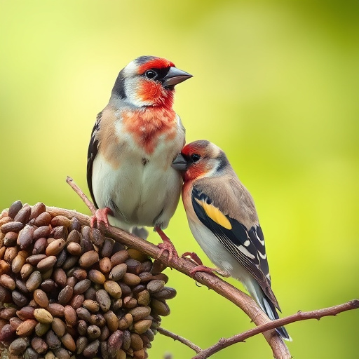Colourful finches perched near seed mix