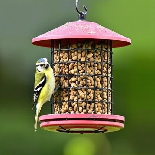 Cylindrical suet cage beside bird table