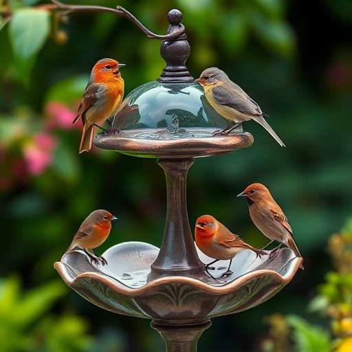 Decorative bird bath with blue tits bathing