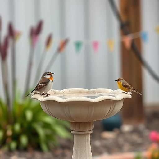 Decorative bird bath with blue tits bathing