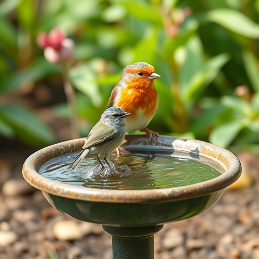 Decorative bird bath with blue tits bathing