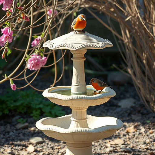 Decorative bird bath with blue tits bathing