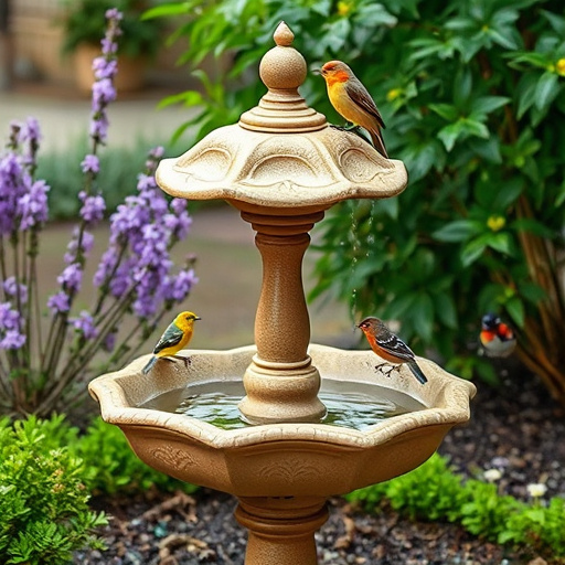 Decorative bird bath with blue tits bathing