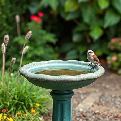 Decorative bird bath with blue tits bathing
