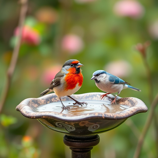 Decorative bird bath with blue tits bathing