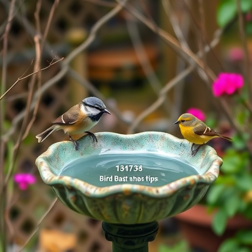Decorative bird bath with blue tits bathing