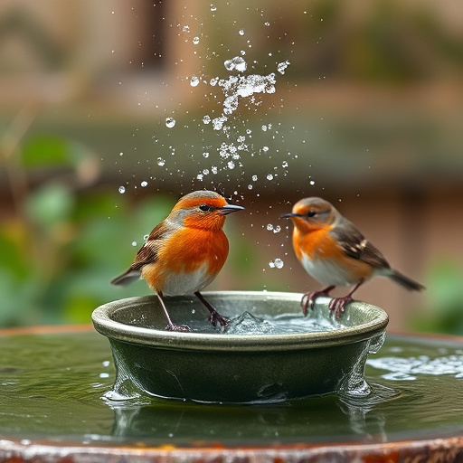Decorative bird bath with blue tits bathing