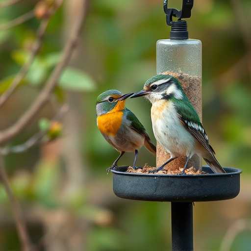 Decorative bird feeder standing in garden