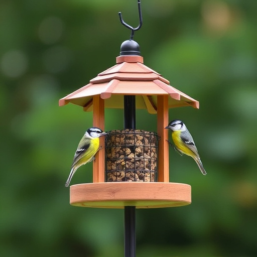 Decorative bird feeder standing in garden