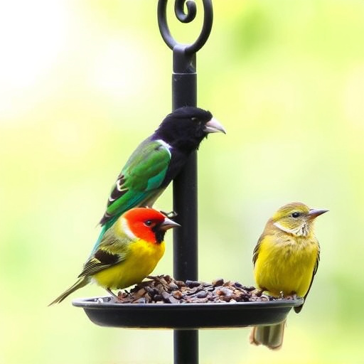 Decorative bird feeder standing in garden