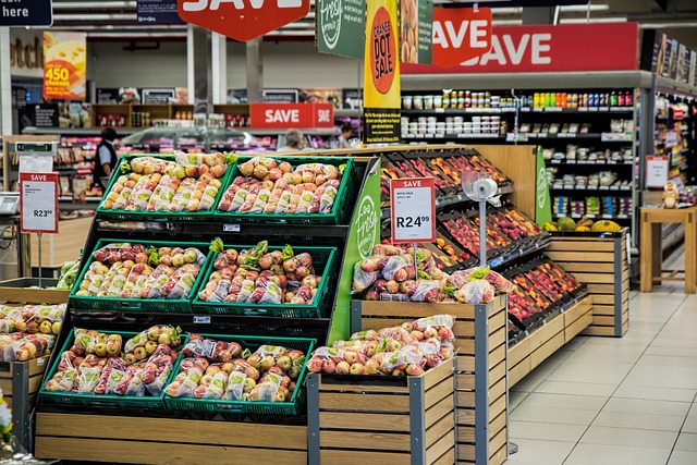 Discounted bird food stacked in store