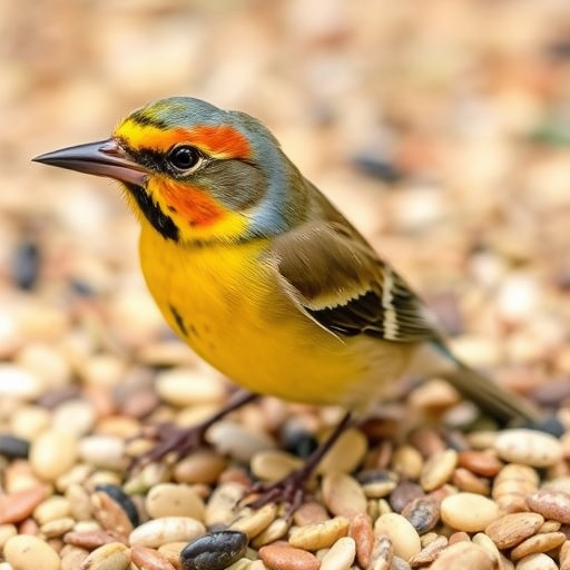 Finch eating from seed-filled feeder