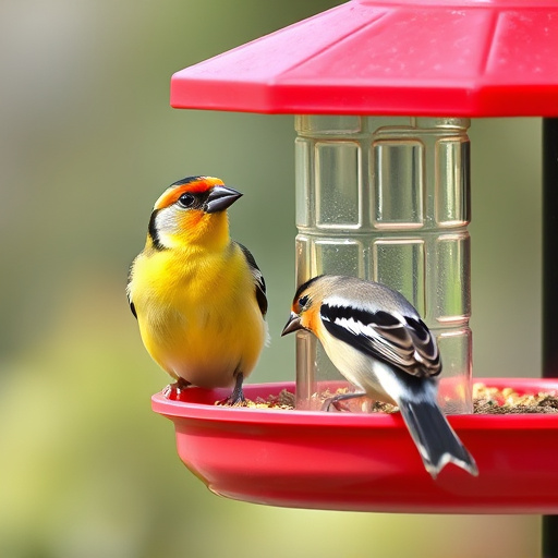 Finch flock gathered around seed station