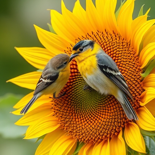 Finches gathered around sunflower heart dish